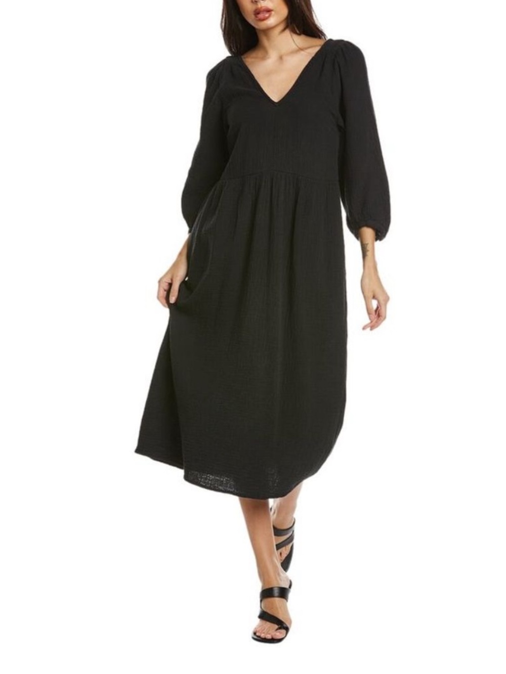 NWT Madewell Lightspun Midi Dress V Neck Black Balloon Sleeve Open Back Cotton S